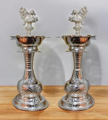 German Silver 11 Inch Peacock Handle Ring Design Diya for Home Pooja, Temple Decor K4414 in Saudi Arabia