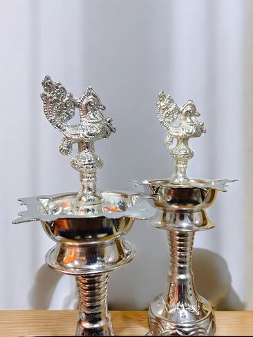 German Silver 11 Inch Peacock Handle Ring Design Diya for Home Pooja, Temple Decor K4414 in Saudi Arabia