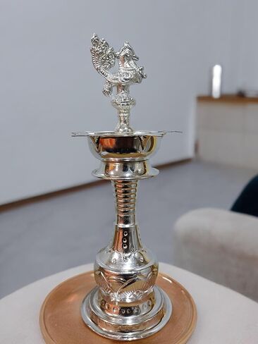 German Silver 11 Inch Peacock Handle Ring Design Diya for Home Pooja, Temple Decor K4414 in Saudi Arabia