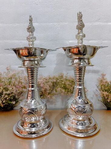 German Silver 11 Inch Peacock Handle Ring Design Diya for Home Pooja, Temple Decor K4414 in Saudi Arabia