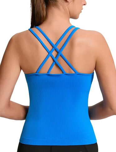 MathCat Ribbed Workout Tank with Built in Bra, V Neck Crisscross Back Yoga Longline Top, Wirefree Spaghetti Strap Gym Shirts in Saudi Arabia