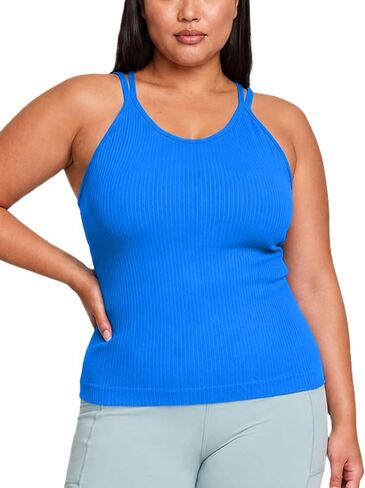 MathCat Ribbed Workout Tank with Built in Bra, V Neck Crisscross Back Yoga Longline Top, Wirefree Spaghetti Strap Gym Shirts in Saudi Arabia