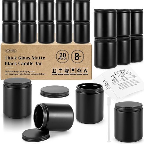 20 Pack Glass Candle Jars with Lids, 8oz Matte Black Thick Candle Vessels, Empty Black Candles Jar Bulk for Candles Making DIY, Refillable Glass Jars with 20 Warming Labels & Tubes in Saudi Arabia