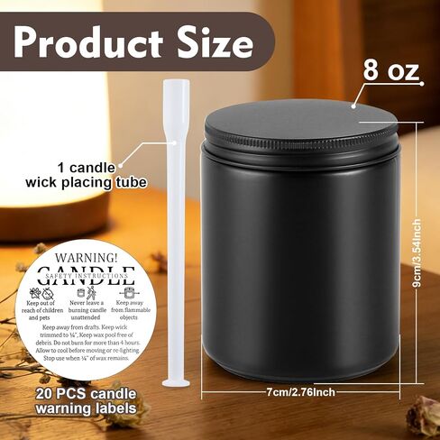 20 Pack Glass Candle Jars with Lids, 8oz Matte Black Thick Candle Vessels, Empty Black Candles Jar Bulk for Candles Making DIY, Refillable Glass Jars with 20 Warming Labels & Tubes in Saudi Arabia