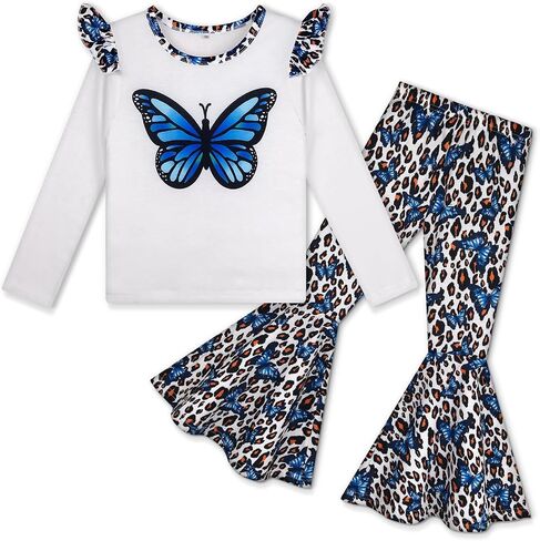 Girls Summer Clothes 2PCS Ruffle Sleeve Top Flare Pant Sets Cute Girls Outfit Clothing Set for Girls 4T-12Y in Saudi Arabia