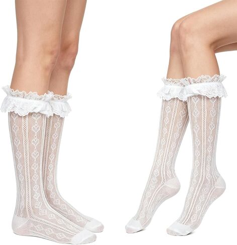 2 Pairs Sweetheart Knit White Knee High Socks Knee, High Socks For Women Lace Trim Thigh Stockings Ruffle Cuff Mesh Long Hosiery, Elegant Casual Dress Accessory For Ladies Daily Party Wear in Saudi Arabia