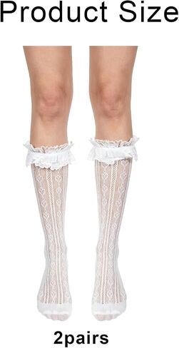 2 Pairs Sweetheart Knit White Knee High Socks Knee, High Socks For Women Lace Trim Thigh Stockings Ruffle Cuff Mesh Long Hosiery, Elegant Casual Dress Accessory For Ladies Daily Party Wear in Saudi Arabia