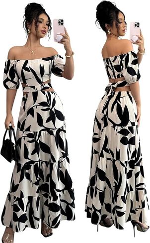 Women's Boho Off The Shoulder Short Sleeve Maxi Dresses Casual Summer Tiered Ruffle Swing Cut Out Flowy Dress in Saudi Arabia
