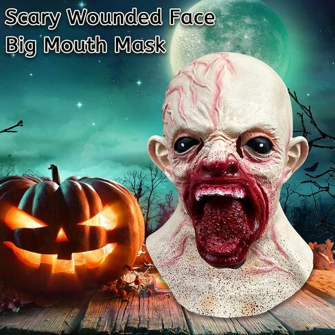 Scary Wounded Face Big Mouth Mask, Horror Zombie Monster Head Masks for Halloween Cosplay Decor Party Props in Saudi Arabia