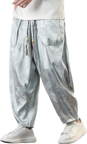 PRIJOUHE Harem Pants for Men Casual Drawstring Yoga Pants Boho Loose Fit Tapered Cropped Trousers with Pockets in Saudi Arabia