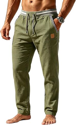 Men's Casual Linen Pants Elastic Waist Drawstring Summer Beach Trousers with Pockets for Men Lightweight Straight Leg in Kuwait