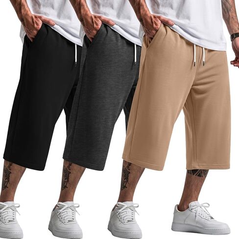 August Alley 3 Pack Men's Capri Pants Below Knee Casual 3/4 Shorts Baggy Summer Drawstring Cropped Pants with Pockets in Kuwait