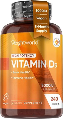 WeightWorld Vegan Vitamin D3 5000 IU Tablets for Bone & Immune Health - 240 Count - D3 Vitamin 125mcg - (8 Months Supply) VIT D Supplement for Women & Men - GMP-Approved - Gluten-Free - Non-GMO in Saudi Arabia