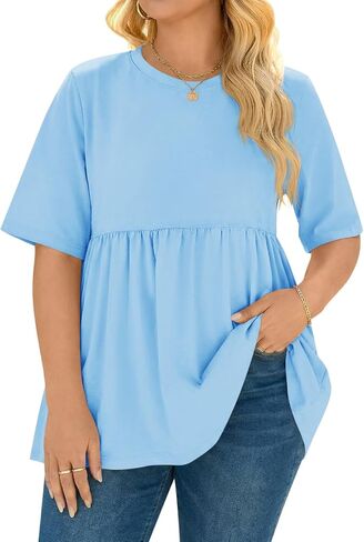 Beautife Womens Plus Size Summer Babydoll Tops Short Sleeve Crew Neck T Shirts Peplum Casual Loose Fit Blouse in Kuwait