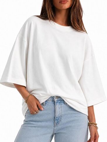 Flowyair Womens Oversized T-Shirt Casual 3/4 Sleeve Summer Boxy Tops Loose Fit Crew Neck Basic Shirts in Saudi Arabia