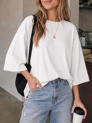 Flowyair Womens Oversized T-Shirt Casual 3/4 Sleeve Summer Boxy Tops Loose Fit Crew Neck Basic Shirts in Saudi Arabia