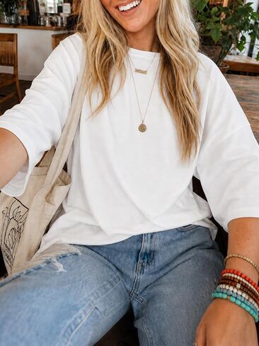 Flowyair Womens Oversized T-Shirt Casual 3/4 Sleeve Summer Boxy Tops Loose Fit Crew Neck Basic Shirts in Saudi Arabia