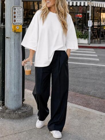 Flowyair Womens Oversized T-Shirt Casual 3/4 Sleeve Summer Boxy Tops Loose Fit Crew Neck Basic Shirts in Saudi Arabia