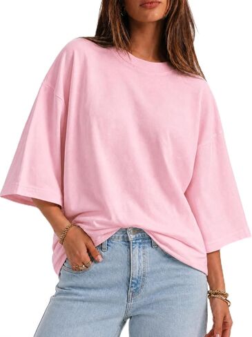 Flowyair Womens Oversized T-Shirt Casual 3/4 Sleeve Summer Boxy Tops Loose Fit Crew Neck Basic Shirts in Saudi Arabia