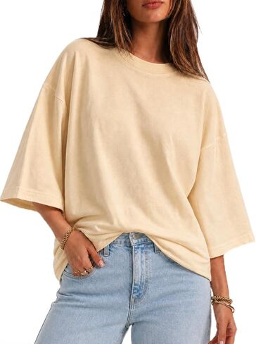 Flowyair Womens Oversized T-Shirt Casual 3/4 Sleeve Summer Boxy Tops Loose Fit Crew Neck Basic Shirts in Saudi Arabia