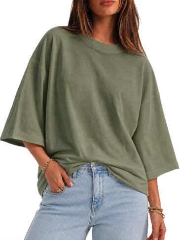 Flowyair Womens Oversized T-Shirt Casual 3/4 Sleeve Summer Boxy Tops Loose Fit Crew Neck Basic Shirts in Saudi Arabia
