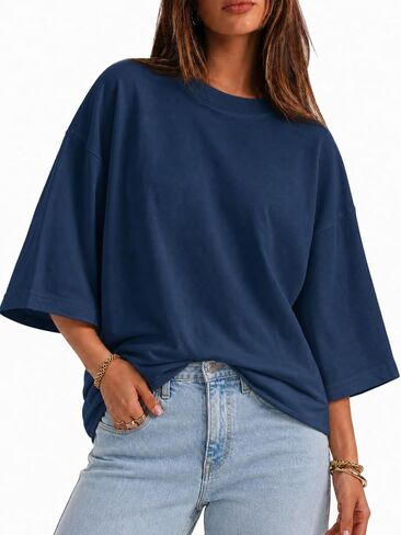 Flowyair Womens Oversized T-Shirt Casual 3/4 Sleeve Summer Boxy Tops Loose Fit Crew Neck Basic Shirts in Saudi Arabia