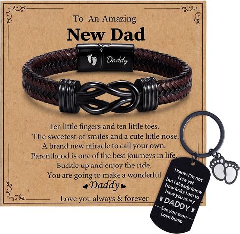 Sureio New Dad Gift Set for First Time Father's Day Leather Bangle New Dad Bracelet with Stainless Steel Keychain Daddy to Be Card and Gift Box for Expecting Daddy Baby Shower Supplies in Kuwait