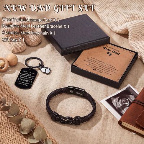 Sureio New Dad Gift Set for First Time Father's Day Leather Bangle New Dad Bracelet with Stainless Steel Keychain Daddy to Be Card and Gift Box for Expecting Daddy Baby Shower Supplies in Kuwait