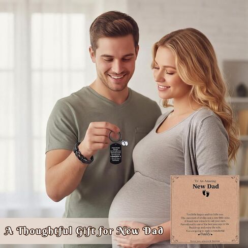 Sureio New Dad Gift Set for First Time Father's Day Leather Bangle New Dad Bracelet with Stainless Steel Keychain Daddy to Be Card and Gift Box for Expecting Daddy Baby Shower Supplies in Kuwait