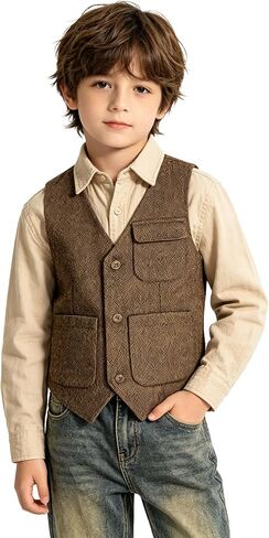 Bakerbear Boys Western Retro Tweed Vest for Kids Casual Herringbone Vests | Vintage, Button Closure, Big Utility Pockets, Tuxedo Waistcoat, Toddler, Wedding Guest Outfit, Birthday Party Christmas in Kuwait