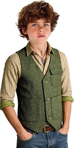 Bakerbear Boys Western Retro Tweed Vest for Kids Casual Herringbone Vests | Vintage, Button Closure, Big Utility Pockets, Tuxedo Waistcoat, Toddler, Wedding Guest Outfit, Birthday Party Christmas in Kuwait