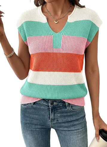 SHEWIN Womens Summer Tops V Neck Short Sleeve Sweater Striped Color Block Pullover Cap Sleeve Shirts in Saudi Arabia