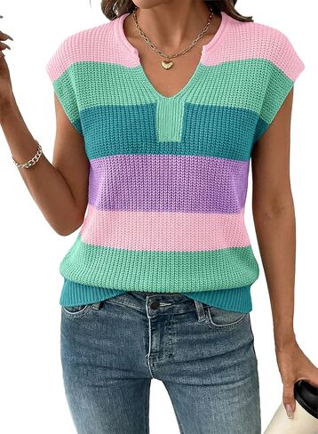 SHEWIN Womens Summer Tops V Neck Short Sleeve Sweater Striped Color Block Pullover Cap Sleeve Shirts in Saudi Arabia