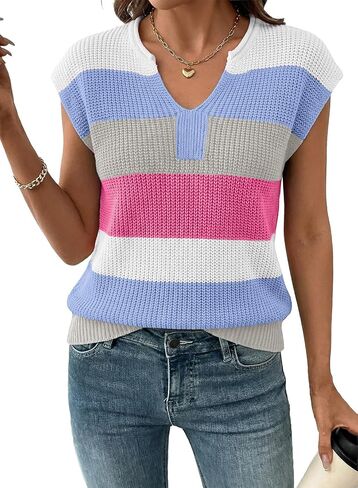 SHEWIN Womens Summer Tops V Neck Short Sleeve Sweater Striped Color Block Pullover Cap Sleeve Shirts in Saudi Arabia