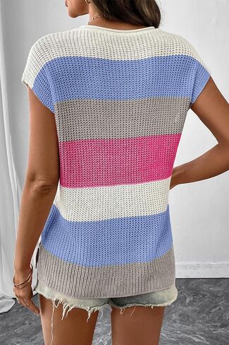 SHEWIN Womens Summer Tops V Neck Short Sleeve Sweater Striped Color Block Pullover Cap Sleeve Shirts in Saudi Arabia