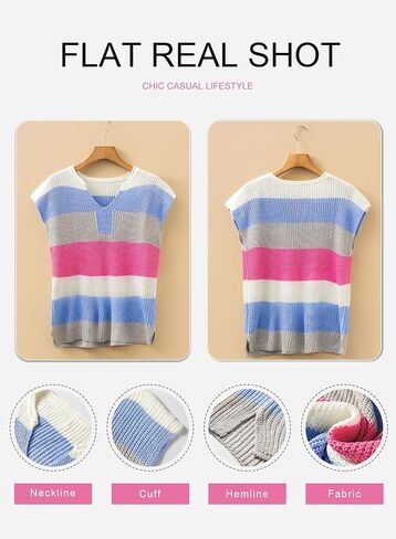SHEWIN Womens Summer Tops V Neck Short Sleeve Sweater Striped Color Block Pullover Cap Sleeve Shirts in Saudi Arabia