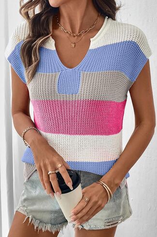 SHEWIN Womens Summer Tops V Neck Short Sleeve Sweater Striped Color Block Pullover Cap Sleeve Shirts in Saudi Arabia