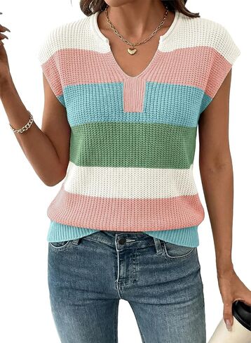 SHEWIN Womens Summer Tops V Neck Short Sleeve Sweater Striped Color Block Pullover Cap Sleeve Shirts in Saudi Arabia