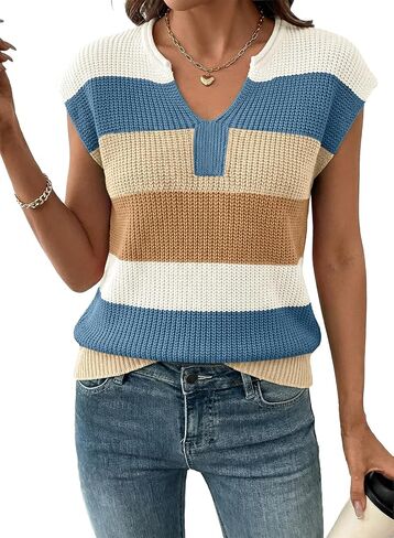 SHEWIN Womens Summer Tops V Neck Short Sleeve Sweater Striped Color Block Pullover Cap Sleeve Shirts in Saudi Arabia