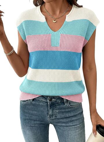 SHEWIN Womens Summer Tops V Neck Short Sleeve Sweater Striped Color Block Pullover Cap Sleeve Shirts in Saudi Arabia