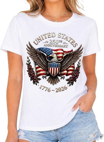 250th USA Anniversary T Shirt for Women, 4th of July Patriotic Eagle Flag Tee, 1776-2026 Short Sleeve Top S-2XL in Kuwait