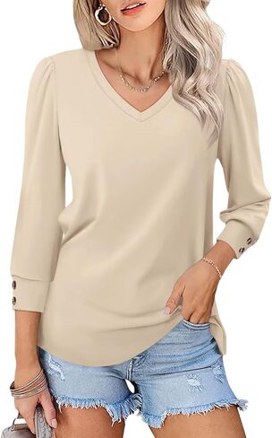 TICTICMISS Women's Puff 3/4 Length Sleeve Tops V Neck T Shirts Business Casual Dressy Blouses Loose Fit Summer Tunic Clothes in Kuwait