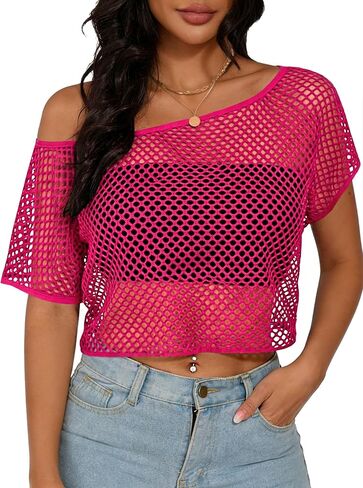 LilyCoco Women Mesh Fishnet Top Cover Up Short Sleeve Off The Shoulder Crop Tops in Kuwait