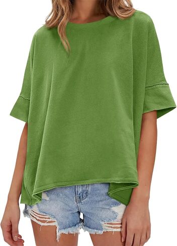 Tankaneo Womens Oversized T-Shirts Casual Summer Crew Neck Short Sleeve Tops Loose Fit Hi Low Drop Shoulder Basic Tees in Kuwait