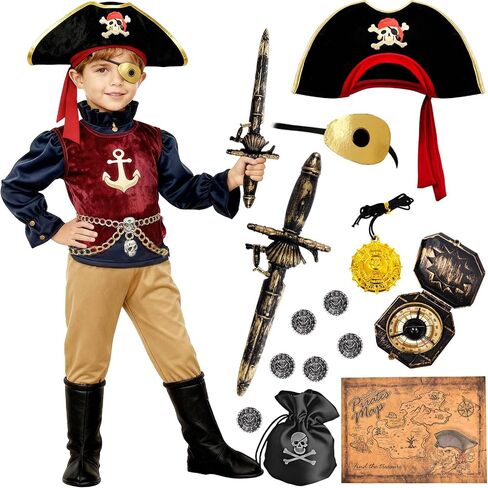 G.C Kids Pirate Costume 19-Piece Set for Boys Girls Age 3-10, Complete Halloween Birthday Party Outfit in Kuwait