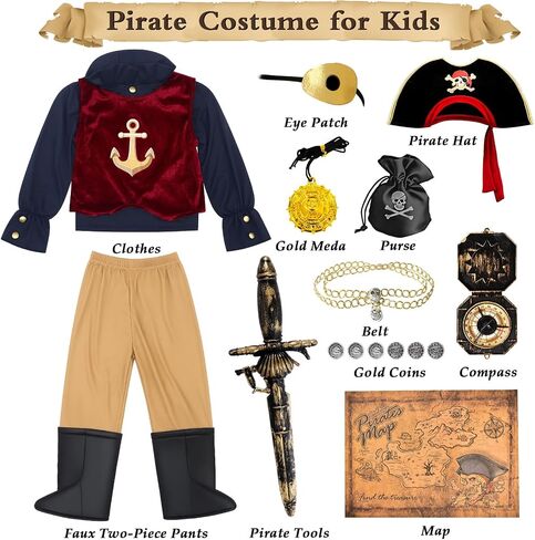G.C Kids Pirate Costume 19-Piece Set for Boys Girls Age 3-10, Complete Halloween Birthday Party Outfit in Kuwait