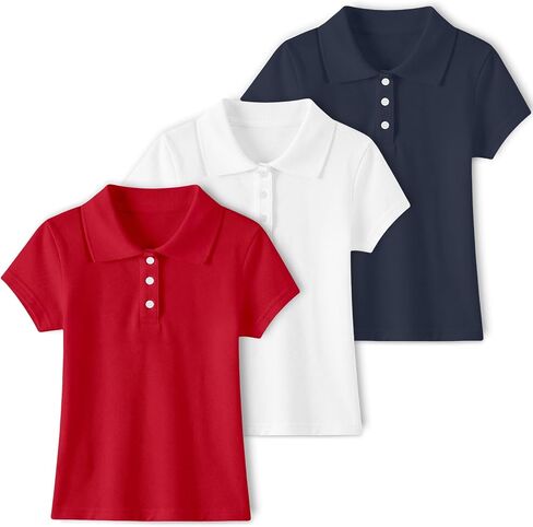 3 Pack Girls Polo Shirts Cotton Short Sleeve School Uniform Collar Polo Shirts Performance Golf Polo Tops (Age 5-14) in Kuwait