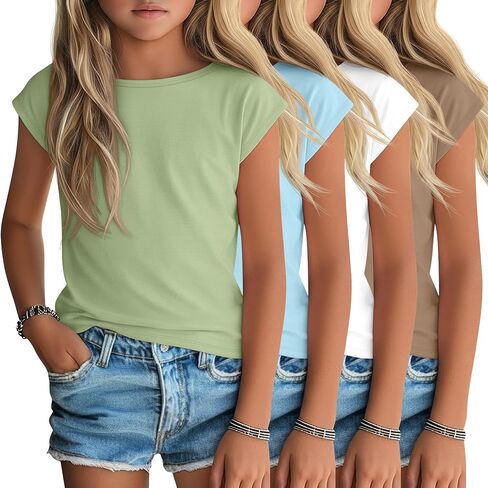 4 Pack Girls Short Cap Sleeve T Shirts Kids Loose Boat Neck Basic Tees Summer Casual Tops Multipack 5-14 Years in Kuwait