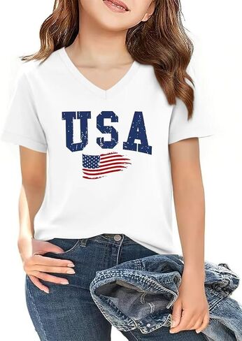 V-Neck American Flag 4th of July Shirt for Girls Kids Summer Independence Day Bow Printed Graphic T Shirt in Kuwait
