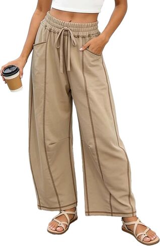 Women Wide Leg Baggy Barrel Pants Elastic Waist Drawstring Lounge | Exposed Seam Detail in Saudi Arabia